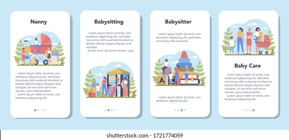 Babysitter service or nanny agency mobile application banner set. In-home babysitter. Woman taking care of baby, playing with child. Isolated vector illustration