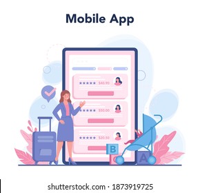 Babysitter service or nanny agency online service or platform. Woman taking care of baby, playing with child. Mobile app. Isolated vector illustration