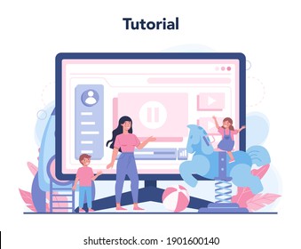 Babysitter service or nanny agency online service or platform. Woman taking care of baby, playing with child. Online tutorial, consultation, mobile app, web site. Isolated vector illustration