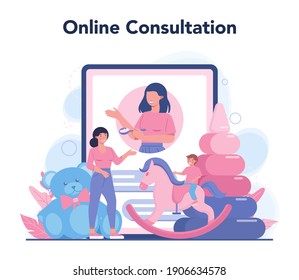 Babysitter service or nanny agency online service or platform. Woman taking care of baby, playing with child. Online consultation. Isolated vector illustration