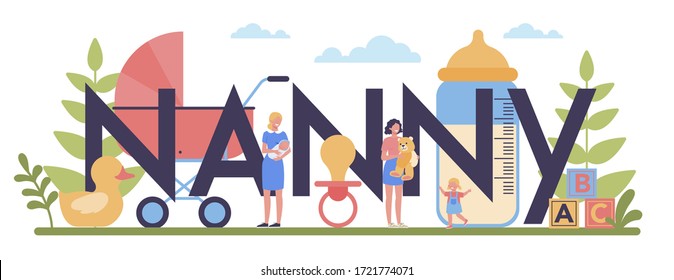 Babysitter Service Or Nanny Agency Typographic Header Concept. In-home Babysitter. Woman Taking Care Of Baby, Playing With Child. Isolated Vector Illustration