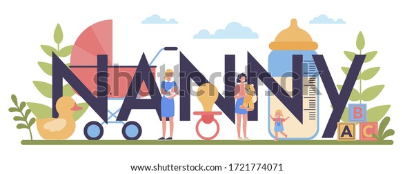 Babysitter service or nanny agency\
typographic header concept. In-home babysitter. Woman taking care\
of baby, playing with child. Isolated vector\
illustration