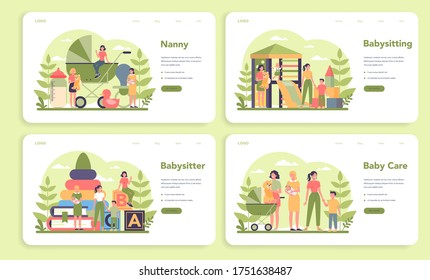 Babysitter Service Or Nanny Agency Web Banner Or Landing Page Set. In-home Babysitter. Woman Taking Care Of Baby, Playing With Child. Isolated Vector Illustration