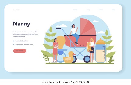 Babysitter Service Or Nanny Agency Web Banner Or Landing Page. In-home Babysitter. Woman Taking Care Of Baby, Playing With Child. Isolated Vector Illustration