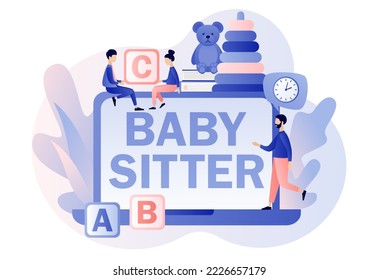 Babysitter service online. Babysitting club. Nanny occupation. Childcare assistance. Family and nursery. Modern flat cartoon style. Vector illustration on white background

