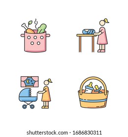 Babysitter service RGB color icons set. Cooking food. Vegetable and meat soup boil in pot. Woman changing baby diaper. Night time nanny. Babysitting set. Isolated vector illustrations