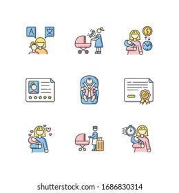 Babysitter service RGB color icons set. Speak languages with toddler. Woman with rattle toy. Pay rate for babysitting. Child day care. Baby in car seat with safe belt. Isolated vector illustrations