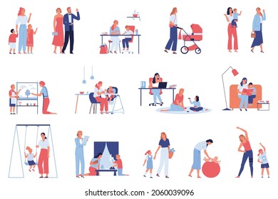 Babysitter set of isolated icons images of home furniture parents with children and female nanny characters vector illustration