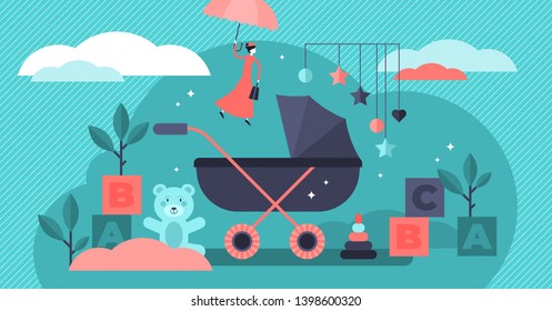 Babysitter vector illustration. Flat tiny children nursery persons concept. Newborn toddler care and nanny occupation. Educational profession work with infant toys, carriage and watching baby security
