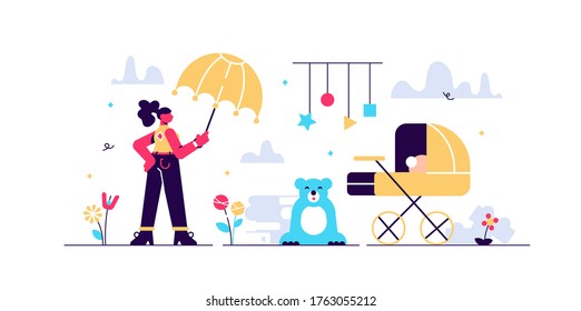 Babysitter vector illustration. Flat tiny childrens nursery person concept. Newborn toddler care and nanny occupation. Educational profession work with infant toys, carriage and watching baby security