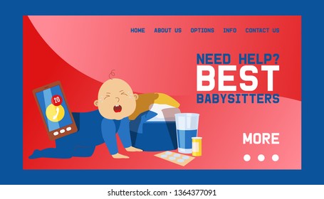 Babysitters banner web design vector illustration. Playing with crying toddler and baby. Busy mother working. Need help Taking Care if kid. Mobile phone ringing. Clothes.