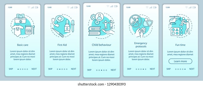 Babysitters Classes Onboarding Mobile App Screen Vector Template. Childcare. Babysitting Training. Walkthrough Website Steps. Pediatrics. Child Care Courses Program. UX, UI, GUI Smartphone Interface