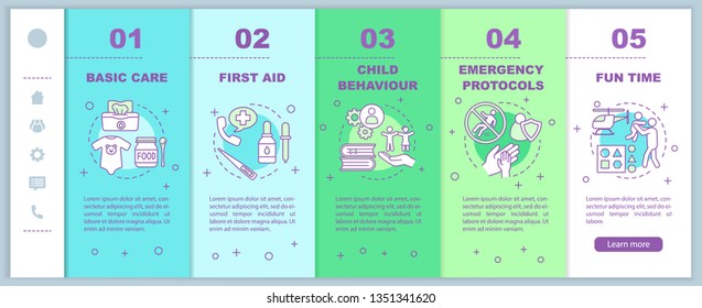 Babysitters cursos on boarding mobile web pages vetor template. Serviços de acolhimento de crianças. Programa de aulas de cuidados infantis. Interface do site do smartphone responsivo. Tela de passo a passo da página da Web. Conceito de cor