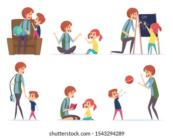 Babysitters. Nanny Playing With Kids Preschool Childrens, Busy Parents Mom Vector Cartoon Characters