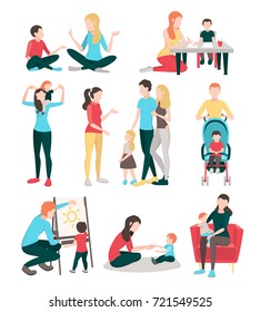 Babysitters people flat images collection with isolated human characters of young family members children and nurses vector illustration