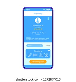 Babysitting application smartphone interface vector template. Mobile app page blue design layout. Babysitter online profile screen. Flat UI. Childcare services. Nanny booking, rating on phone display