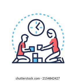 Babysitting and childhood - vector line design single isolated icon on white background. High quality black pictogram in red and blue colors. Image of woman and child playing with blocks. Kindergarten