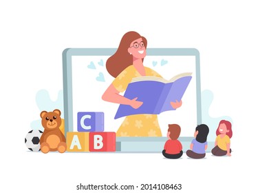 Babysitting Concept, Friendly Digital Nanny Character Reading Fairy Tales to Kids. Baby Sitter Nanny Online Service, Personal Childcare Nanny on Huge Device Screen. Cartoon People Vector Illustration