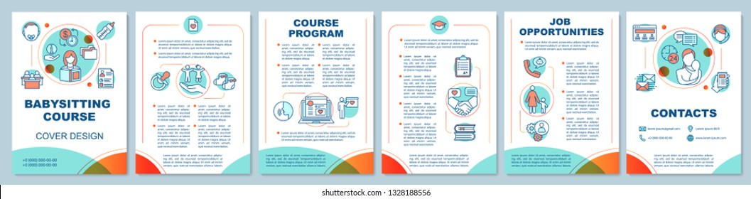 Babysitting Course In Bright Colors Brochure Template Layout. Childcare, Nanny School. Flyer, Booklet, Leaflet Print Design With Linear Icons. Vector Page Layouts For Magazines, Reports, Posters