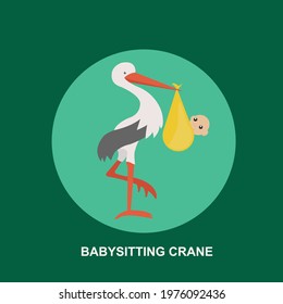 Babysitting crane with white crane holding baby in yellow cloth on green background flat concept design