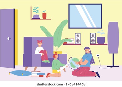 Juegos educativos de niñera clases actividades de habitación plana interior con niños y nana sujetando el mundo ilustración de vector mundial 