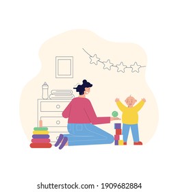 Babysitting entertainment educational activities flat composition with nanny playing toys with infant vector illustration