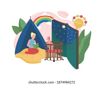 Babysitting flat concept vector illustration. Read fairy tale book before bedtime. Bedroom for baby. Nursery with decoration. Child room 2D cartoon scene for web design. Childcare creative idea