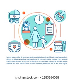 Babysitting service concept linear illustration. Nanny agency. Article, brochure, magazine page. In-home babysitter. Au pair. Thin line icons with text. Print design. Vector isolated outline drawing