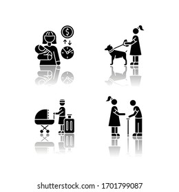 Babysitting service drop shadow black glyph icons set. Babysitter job pay rate. Pet sitting. Hotel sitter for children. Senior help. Elder person. Isolated vector illustrations on white space
