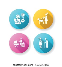 Babysitting service flat design long shadow glyph icons set. Babysitter job pay rate. Pet sitting. Hotel sitter for children. Senior help. Elder person. Silhouette RGB color illustration