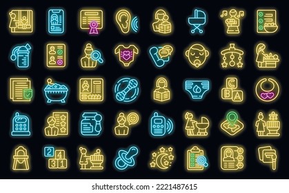 Babysitting Service Icons Set Outline Vector. Digital Childcare. Education Service Neon Color On Black