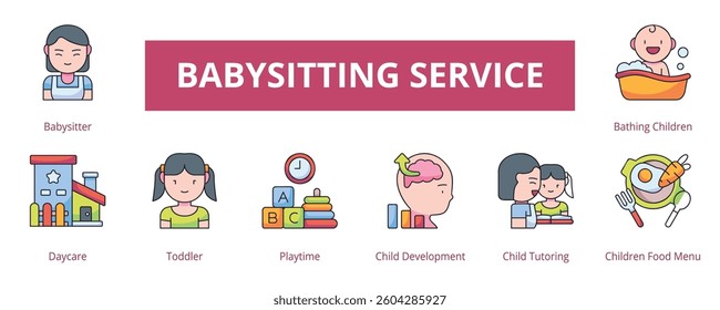 Babysitting Service Lineal Color Banner Web Icon Set Vector Illustration