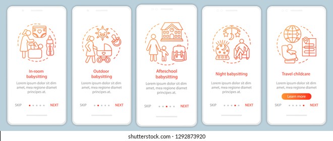 Babysitting service onboarding mobile app page screen vector template. Nanny agency. Hotel childcare. Choosing babysitter. Au pair. Walkthrough website steps. UX, UI, GUI smartphone interface concept