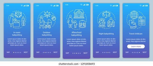 Babysitting service types onboarding mobile app page screen vector template. Childcare. Hotel babysitter, nanny. Walkthrough website steps with linear illustrations. UX, UI, GUI smartphone interface