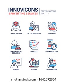 Babysitting services - vector line design style icons set. Choose the area and specialist, events and special occasions, schedule, last-minute, newborn care, reviews, tutoring options for mobile app