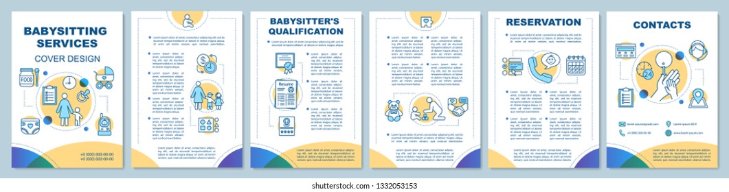 Babysitting support brochure template layout. Babysitter, nanny jobs. Flyer, booklet, leaflet print design with linear icons. Vector page layouts for magazines, annual reports, advertising posters