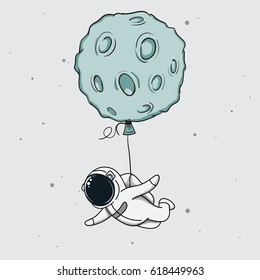 Baby-spaceman fly with moon like a balloon.Spacewalk of astronaut.Abstract childish vector illustration