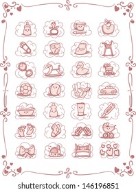 Baby-Theme Cartoon Icons - Vector icon set with baby-themed doodles. Frames and border elements useful to complete any design. 