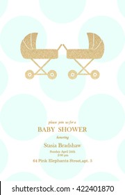 Baby-twins shower invitation card. Turquoise polka dot and gold elements