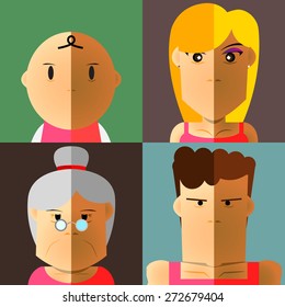 Baby,woman,man and old person face made by half color on vintage color background. (EPS10 art vector)
