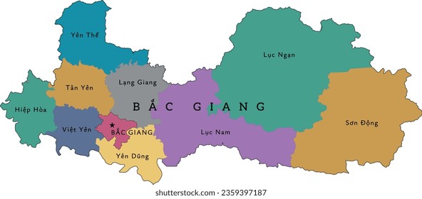 Bac Giang (Bắc Giang) province of Vietnam administrative divisions map. Clored. Vectored. Cream colors