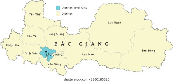 Bac Giang (Bắc Giang) province of Vietnam administrative divisions map. Clored. Vectored. Types of districts