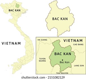 Bac Kan province location on map of Vietnam. Capital city is Bac Kan