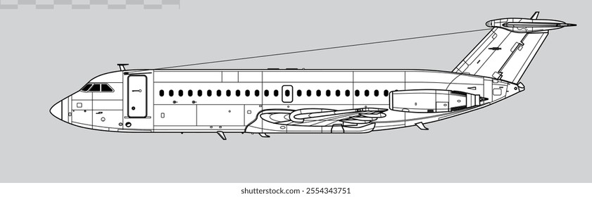 BAC One-Eleven-200, BAC 1-11. Vector drawing of short-range regional airliner. Side view. Image for illustration and infographics.