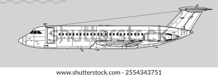 BAC One-Eleven-200, BAC 1-11. Vector drawing of short-range regional airliner. Side view. Image for illustration and infographics.