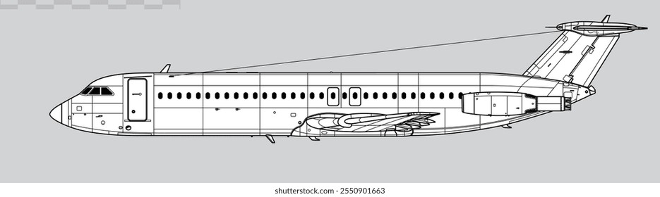 BAC One-Eleven-500, BAC 1-11. Vector drawing of short-range jet airliner. Side view. Image for illustration and infographics.