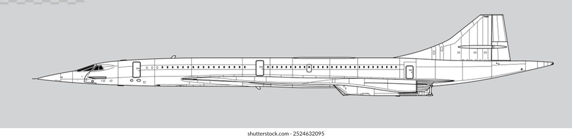 BAC Sud Aviation Concorde. Vector drawing of supersonic airliner. Side view. Image for illustration and infographics.