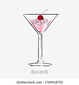 Bacardi cocktail. Cuban aperative cocktail pink alcoholic, sweet bacardi rum grenadine and lemon juice in cocktail glass, category unforgettable invigorating, refreshing served vector cherry.