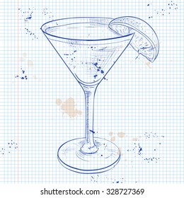 The Bacardi Cocktail on a notebook page, low-alcohol drink. Light rum with pomegranate grenadine and lemon