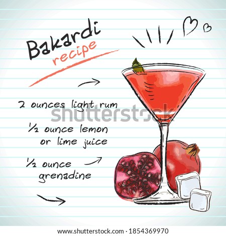 Bacardi cocktail, vector sketch hand drawn illustration, fresh summer alcoholic drink with recipe and fruits	
